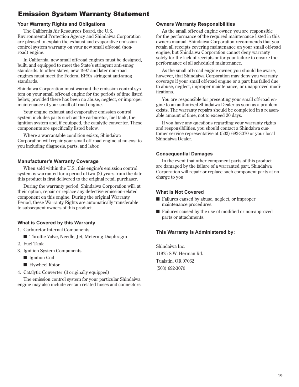 Emission system warranty statement | Shindaiwa 81605 User Manual | Page 19 / 40
