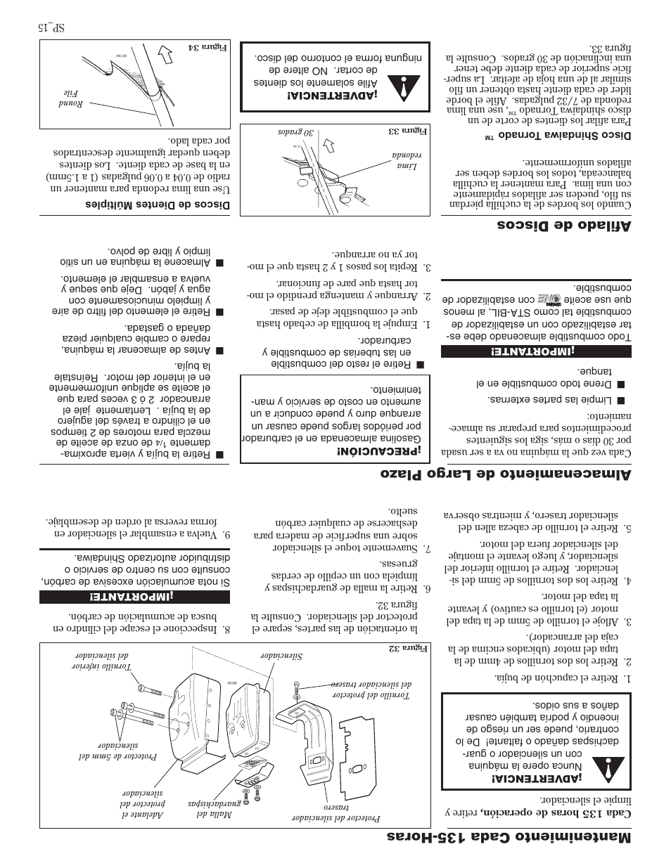 Mantenimiento cada 135-horas, Almacenamiento de largo plaz o, Afilado de discos | Shindaiwa 81605 User Manual | Page 26 / 40