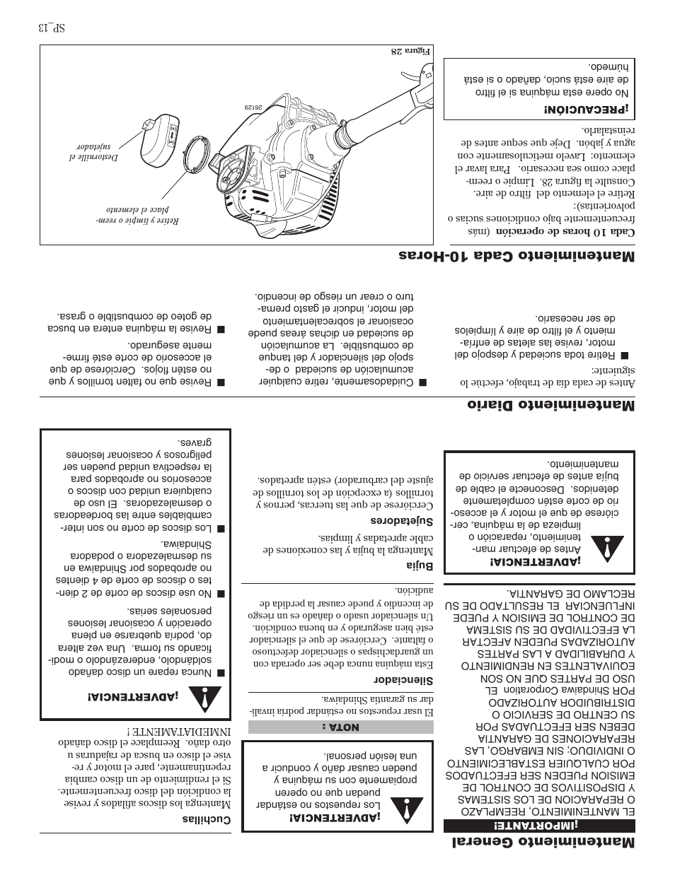 Mantenimiento general, Mantenimiento diario, Mantenimiento cada 10-horas | Shindaiwa 81605 User Manual | Page 28 / 40