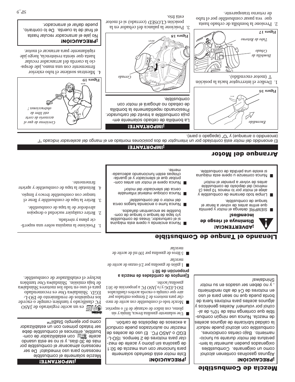 Arranque del motor, Mezcla de combustible, Llenando el tanque de combustible | Shindaiwa 81605 User Manual | Page 32 / 40