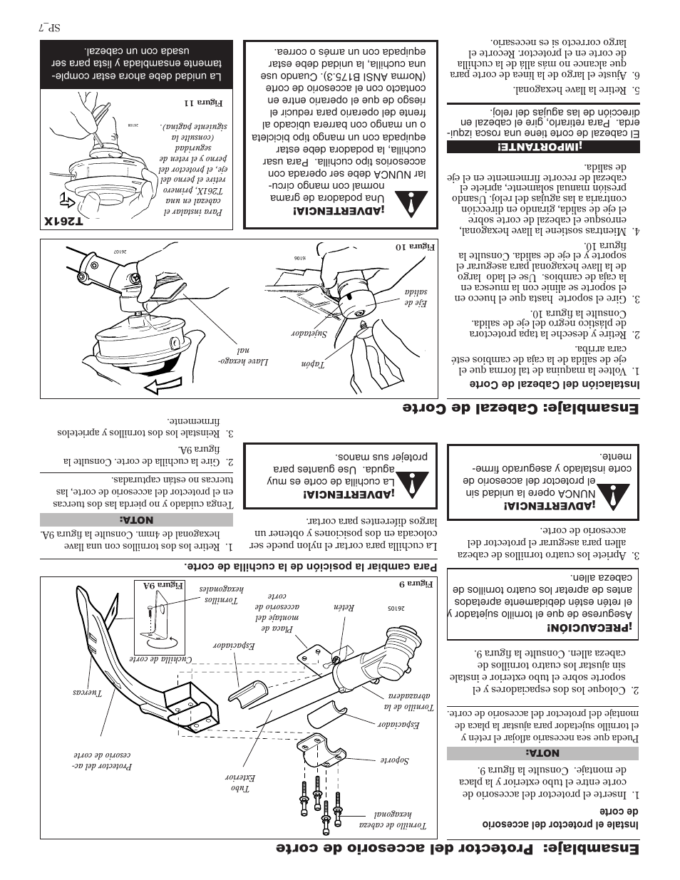 Ensamblaje: cabezal de cor te, Ensamblaje: protector del accesorio de cor te | Shindaiwa 81605 User Manual | Page 34 / 40