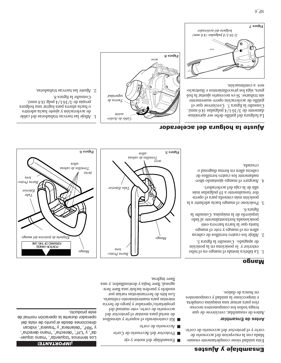 Ajuste la holgura del aceler ador, Ensamblaje y ajustes, Mango | Shindaiwa 81605 User Manual | Page 35 / 40