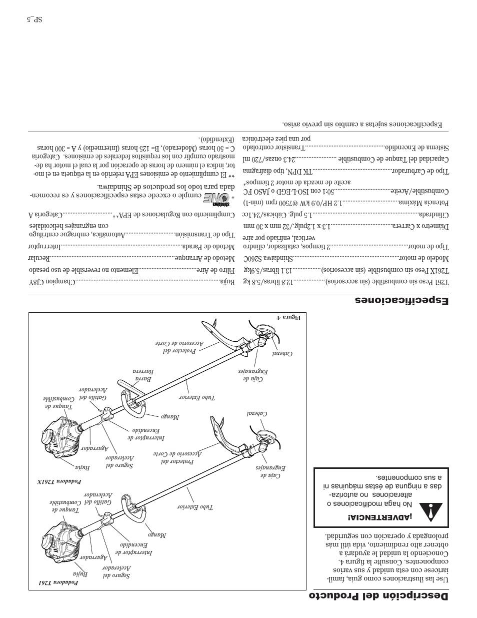 Descripción del producto, Especificaciones | Shindaiwa 81605 User Manual | Page 36 / 40