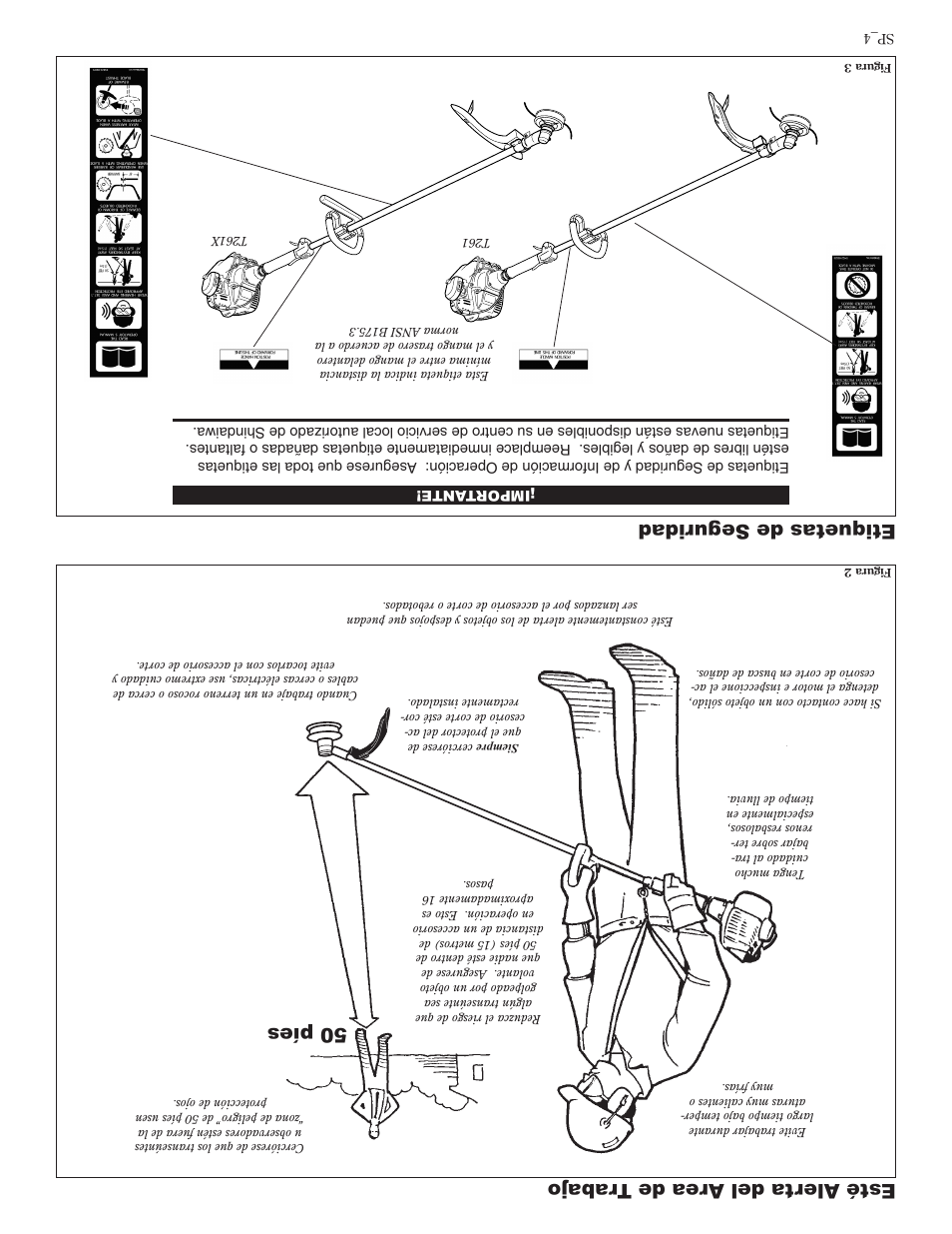 Etiquetas de seguridad, Esté alerta del ar ea de tra bajo, 50 píes | Shindaiwa 81605 User Manual | Page 37 / 40