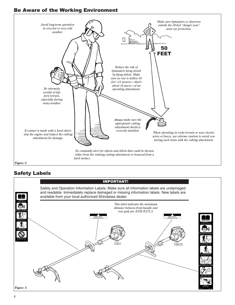 Safety labels, Be aware of the working environment, 50 feet | Shindaiwa 81605 User Manual | Page 4 / 40