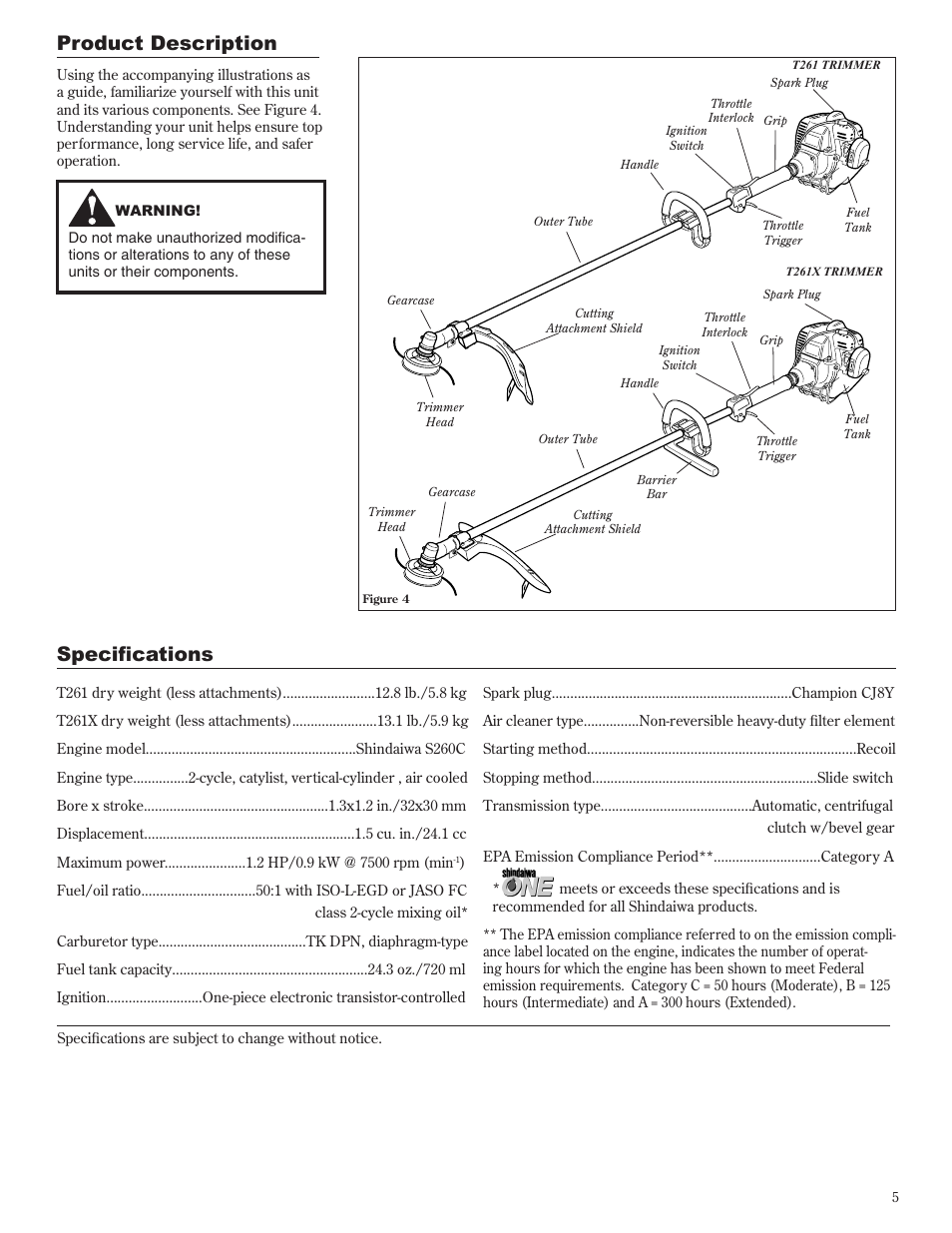 Product description, Specifications | Shindaiwa 81605 User Manual | Page 5 / 40