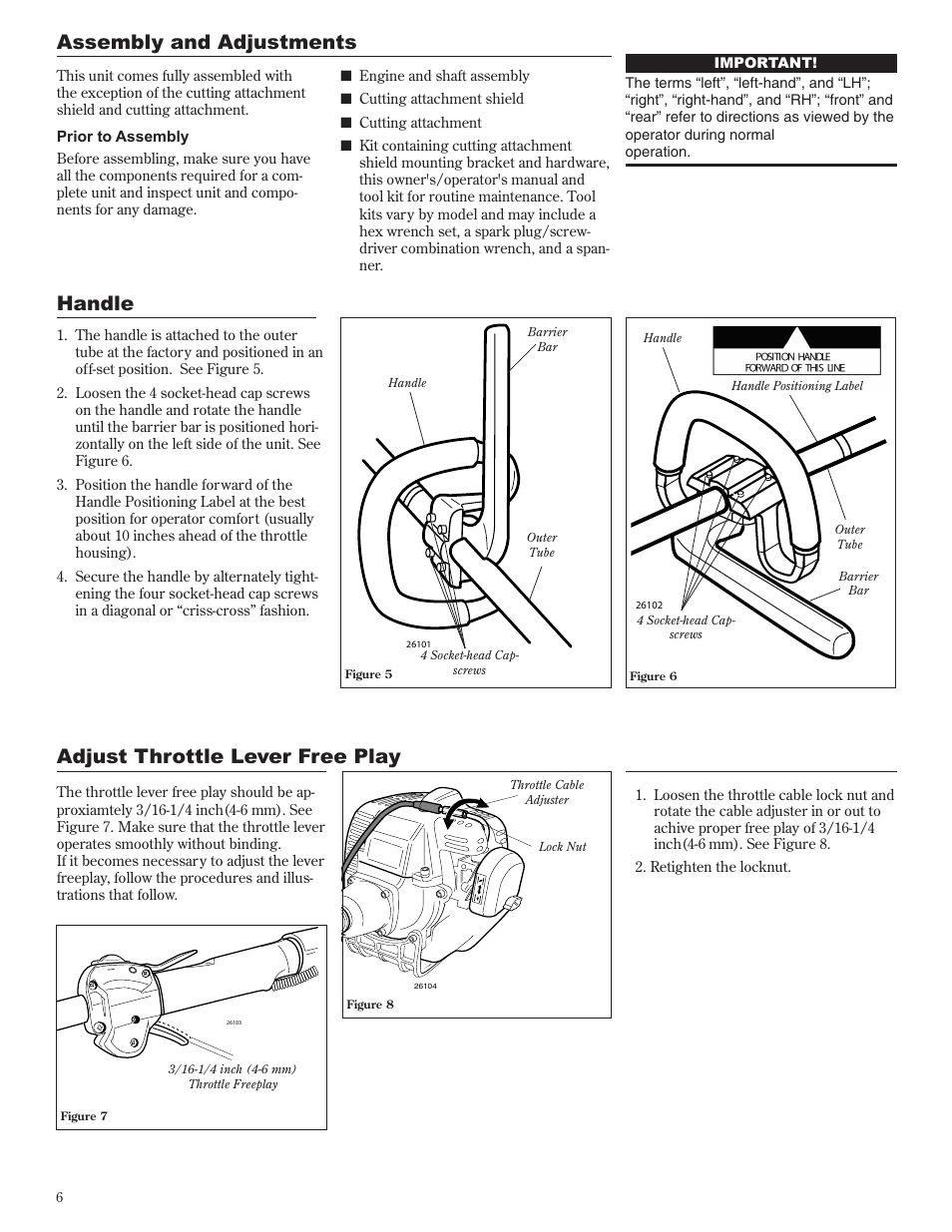 Adjust throttle lever free play, Assembly and adjustments, Handle | Shindaiwa 81605 User Manual | Page 6 / 40