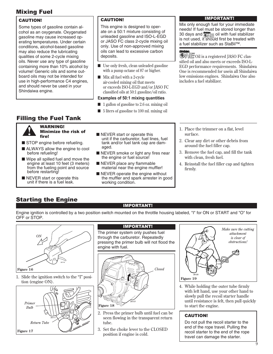 Starting the engine, Mixing fuel, Filling the fuel tank | Shindaiwa 81605 User Manual | Page 9 / 40