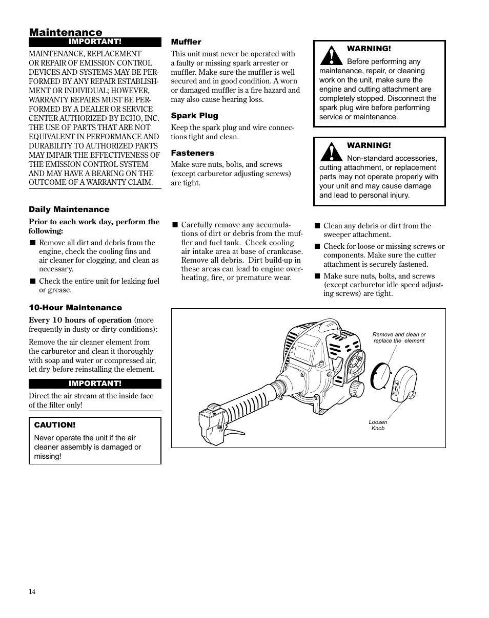 Maintenance | Shindaiwa PowerBroom PB270 User Manual | Page 14 / 28