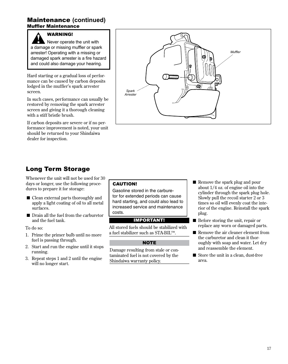 Maintenance (continued), Long term storage | Shindaiwa PowerBroom PB270 User Manual | Page 17 / 28