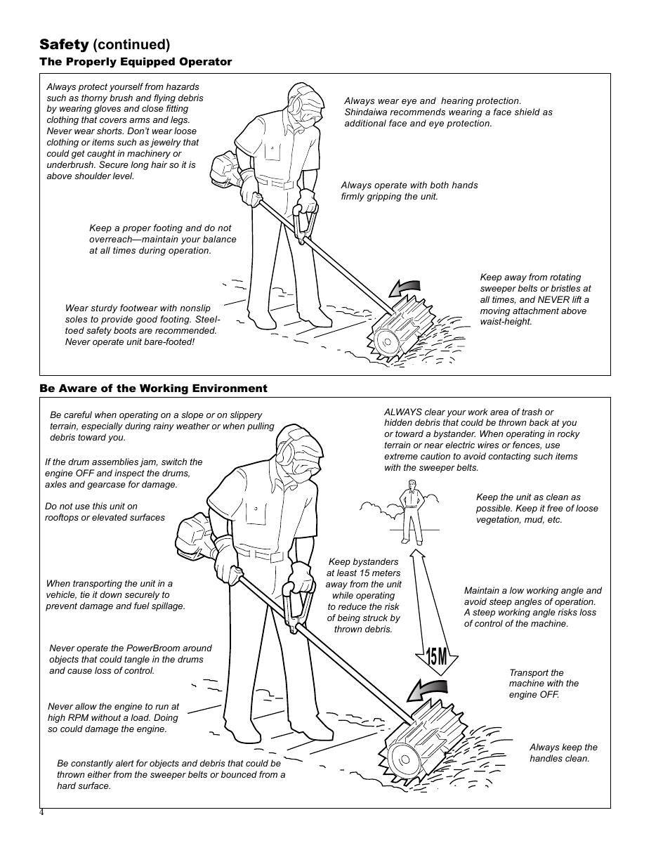 15 m, Safety (continued) | Shindaiwa PowerBroom PB270 User Manual | Page 4 / 28