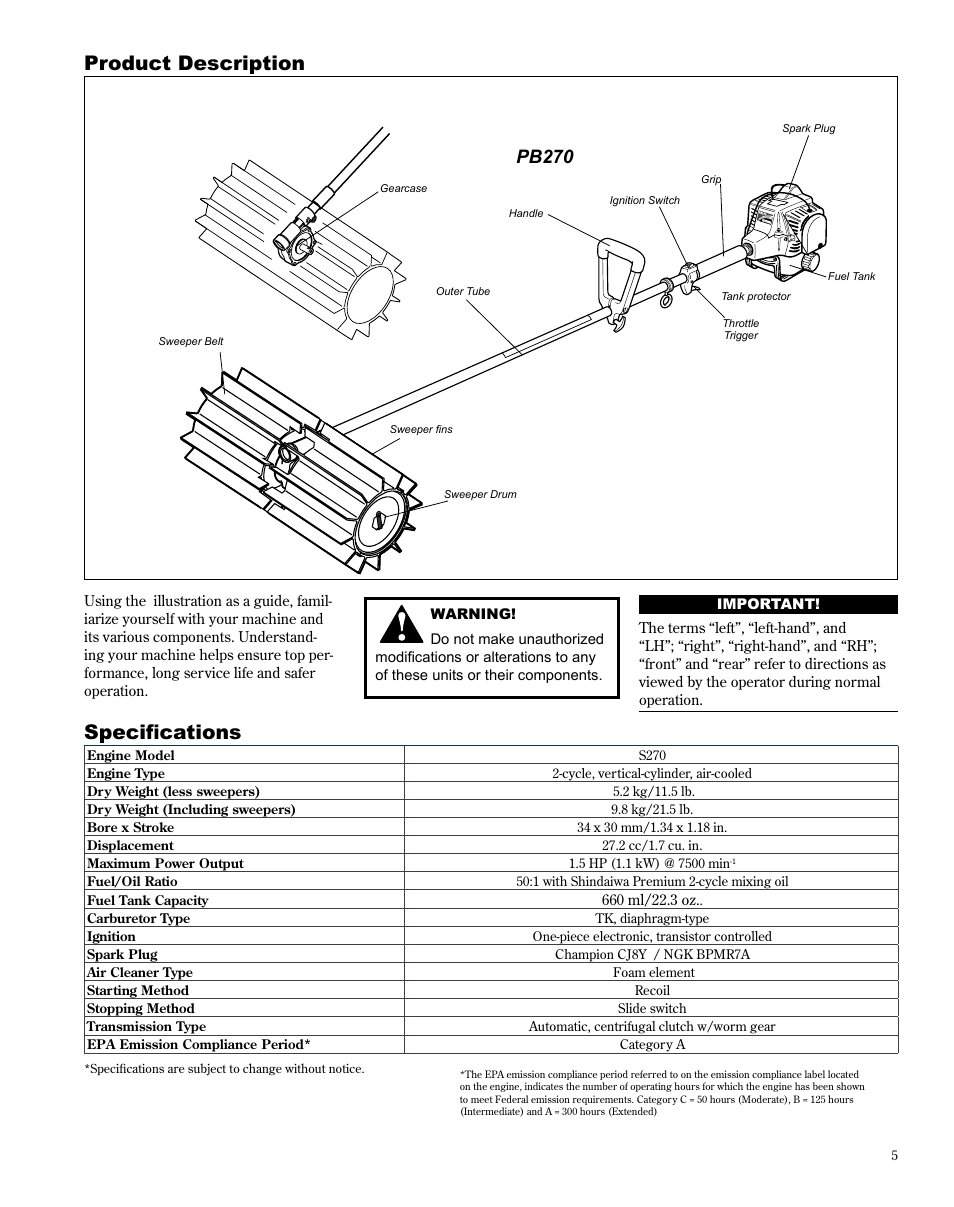 Product description, Specifications, Pb270 | Shindaiwa PowerBroom PB270 User Manual | Page 5 / 28