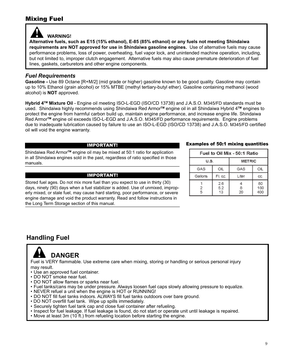 Handling fuel, Danger, Mixing fuel | Shindaiwa PowerBroom PB270 User Manual | Page 9 / 28