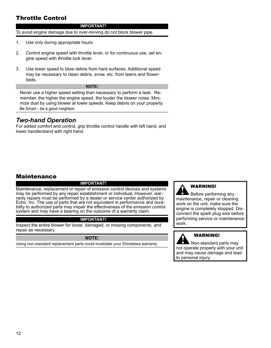 Two-hand operation, Maintenance, Throttle control | Shindaiwa EB344EF13 User Manual | Page 12 / 28