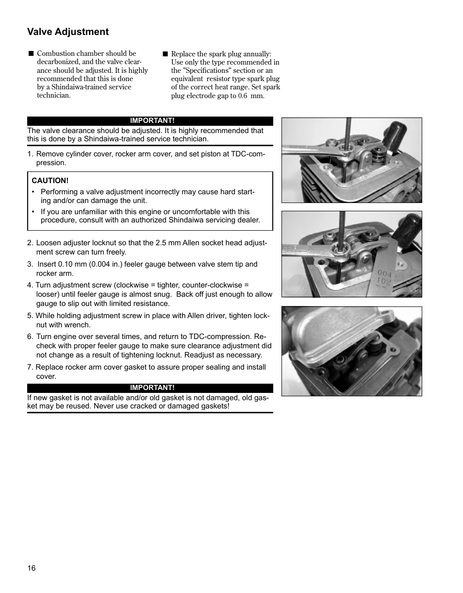 Valve adjustment | Shindaiwa EB344EF13 User Manual | Page 16 / 28