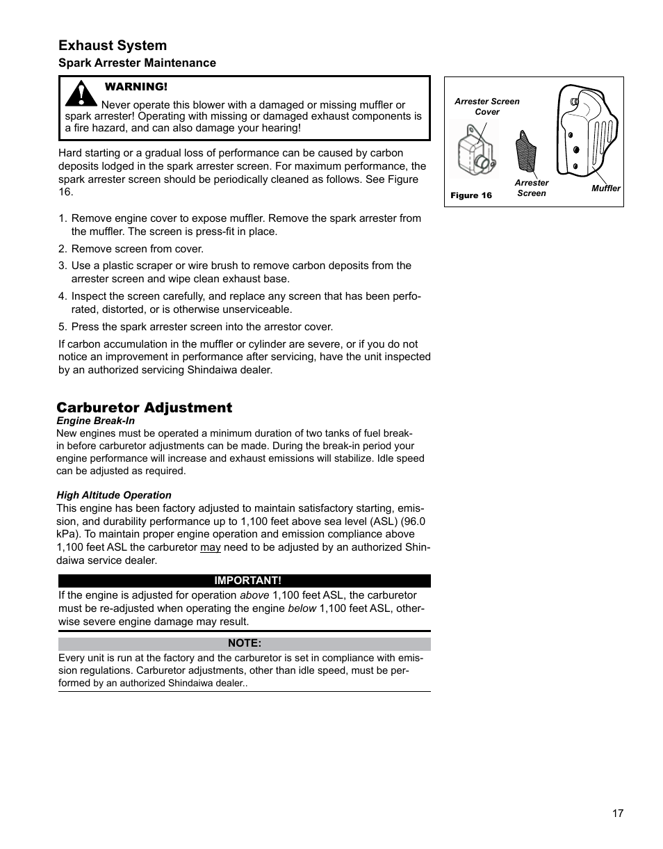 Exhaust system carburetor adjustment | Shindaiwa EB344EF13 User Manual | Page 17 / 28