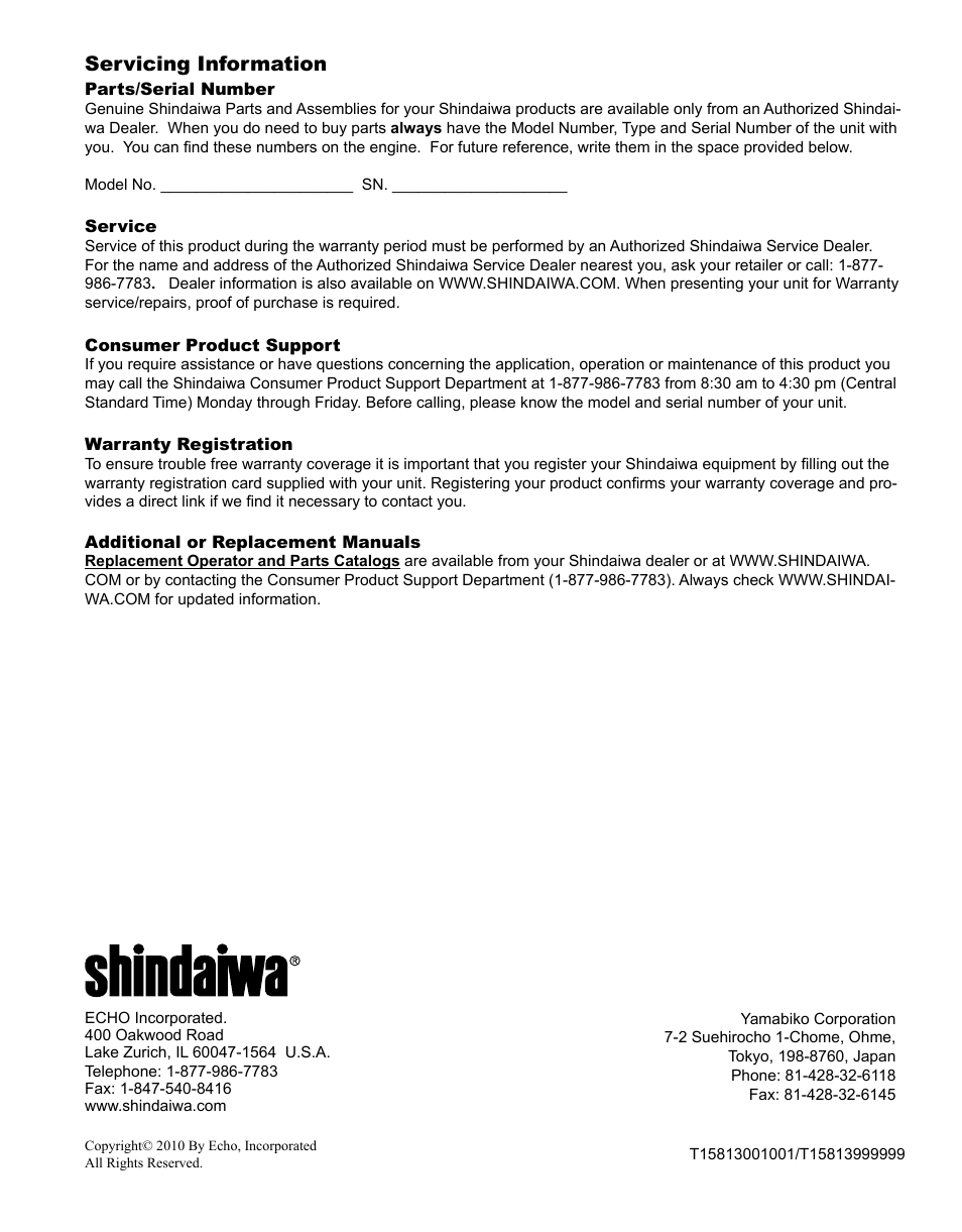 Servicing information | Shindaiwa EB344EF13 User Manual | Page 28 / 28