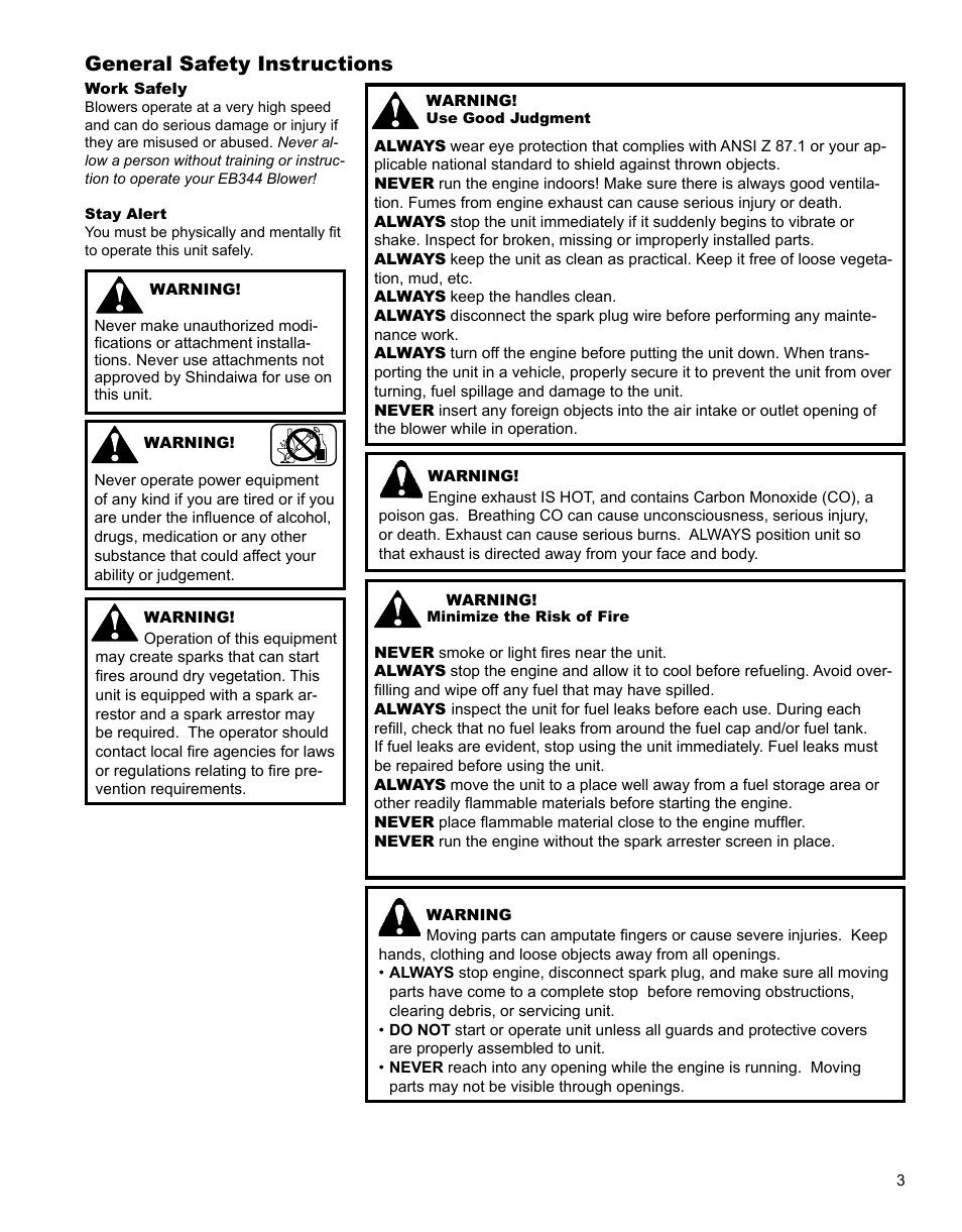 General safety instructions | Shindaiwa EB344EF13 User Manual | Page 3 / 28