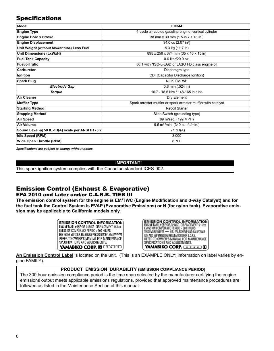 Emission control (exhaust & evaporative), Specifications, Epa 2010 and later and/or c.a.r.b. tier iii | Shindaiwa EB344EF13 User Manual | Page 6 / 28