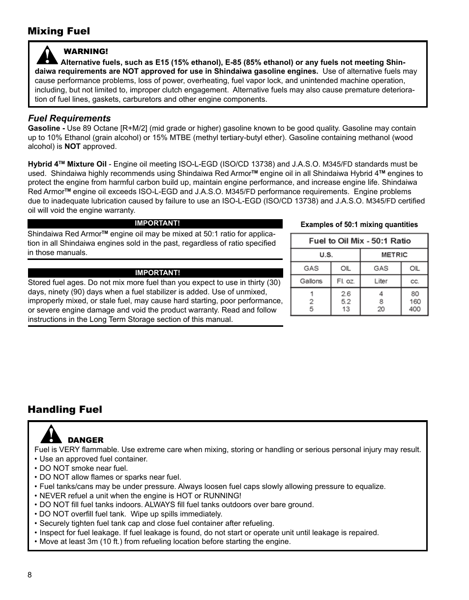 Handling fuel, Mixing fuel | Shindaiwa EB344EF13 User Manual | Page 8 / 28