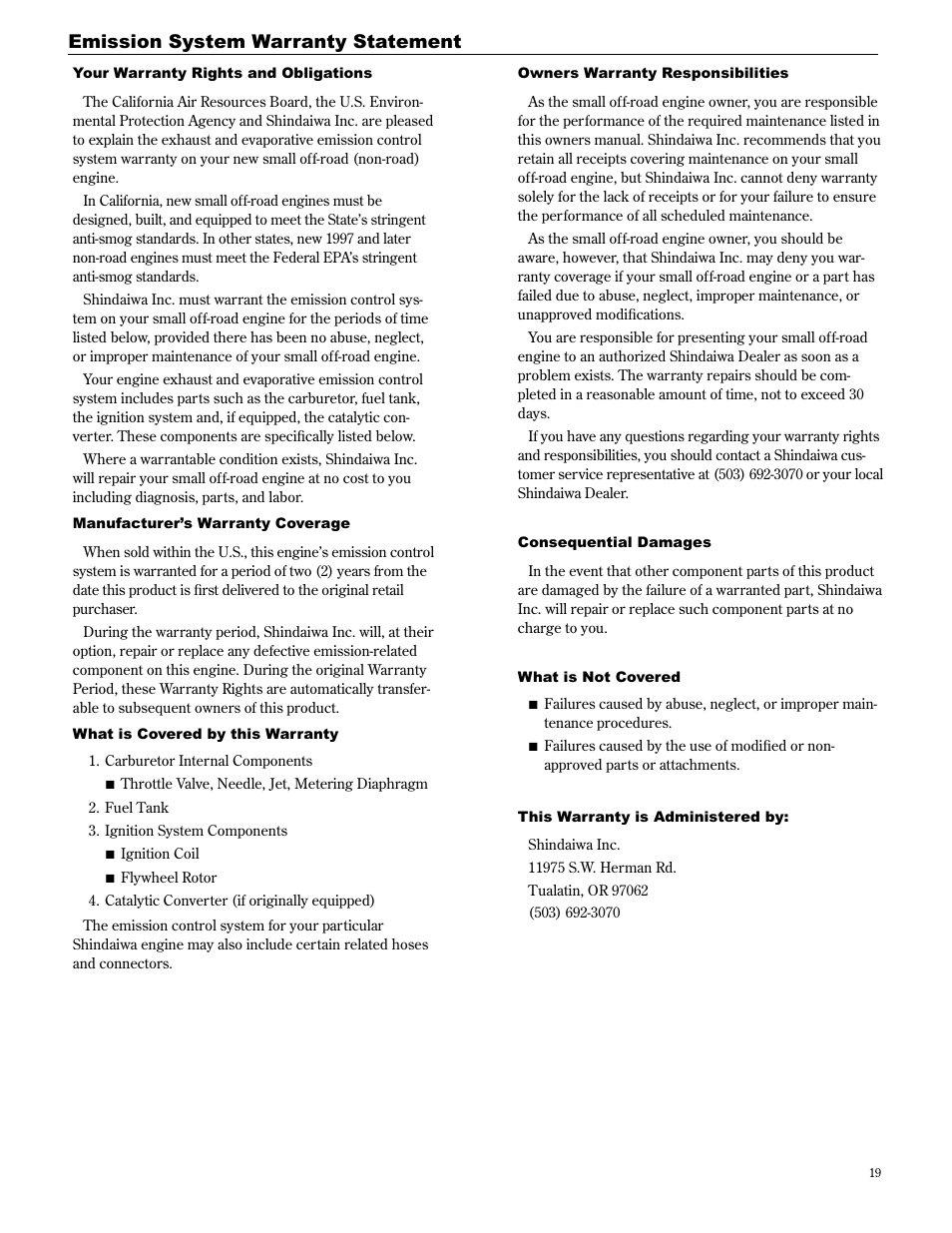 Emission system warranty statement | Shindaiwa 89307 User Manual | Page 19 / 60