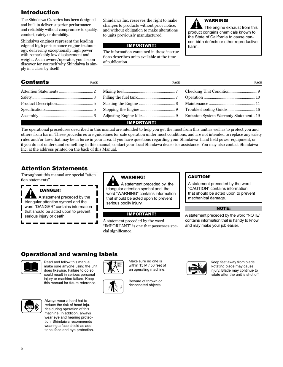 Introduction, Attention statements, Operational and warning labels contents | Shindaiwa 89307 User Manual | Page 2 / 60