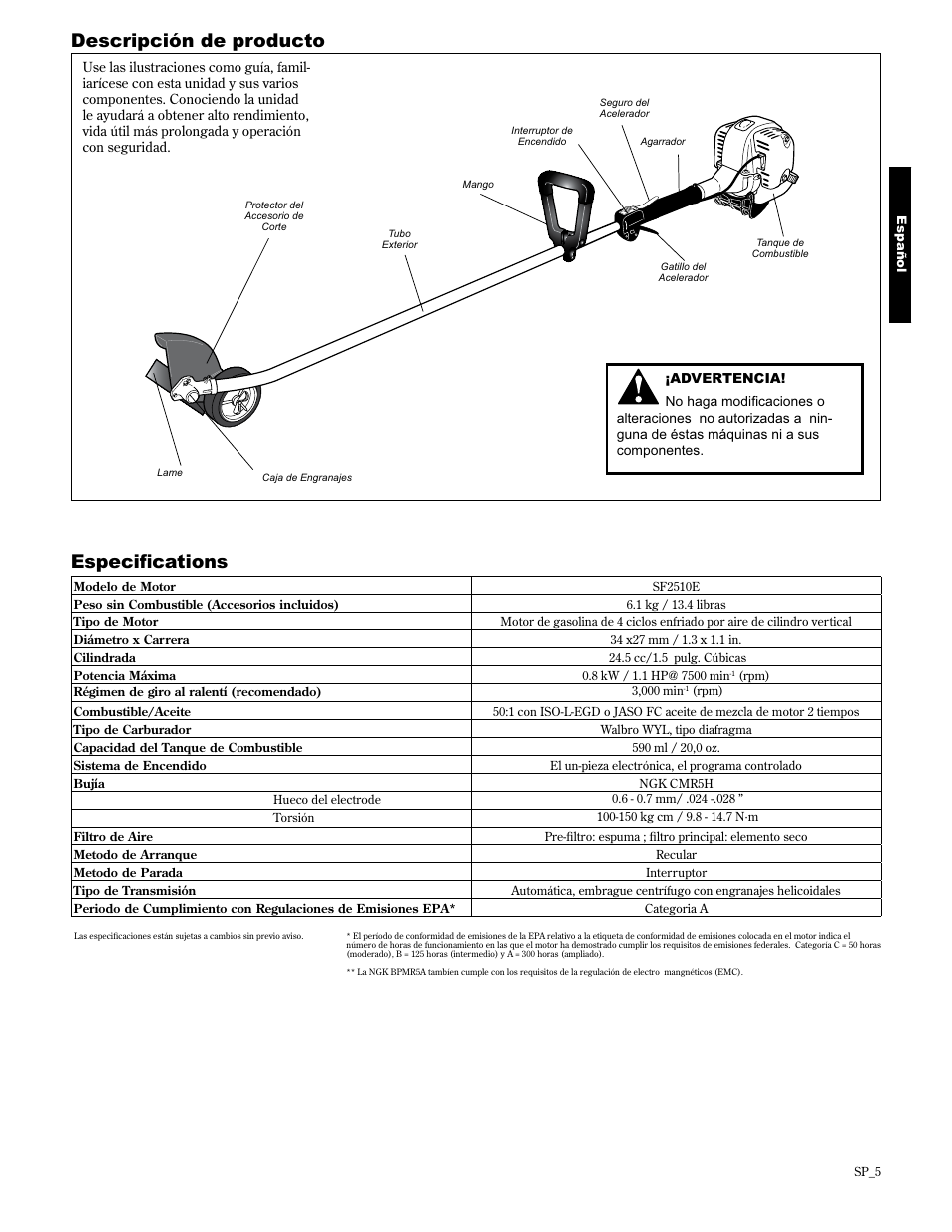 Descripción de producto, Vshflàfdwlrqv | Shindaiwa 89307 User Manual | Page 25 / 60