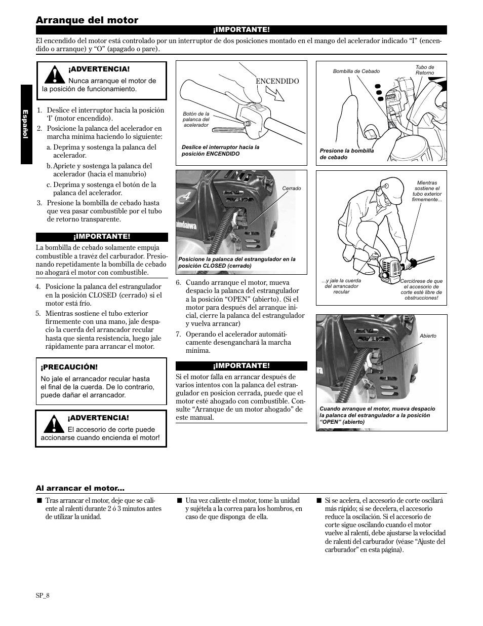 Arranque del motor | Shindaiwa 89307 User Manual | Page 28 / 60