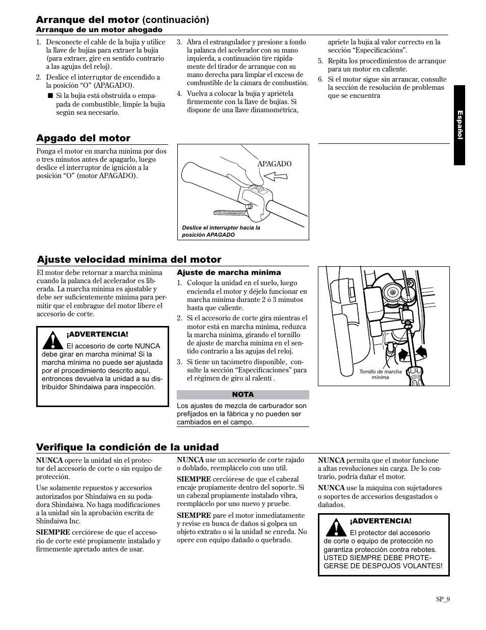 9hulàtxhodfrqglflyqghodxqlgdg, Apgado del motor ajuste velocidad mínima del motor, Arranque del motor (continuación) | Shindaiwa 89307 User Manual | Page 29 / 60