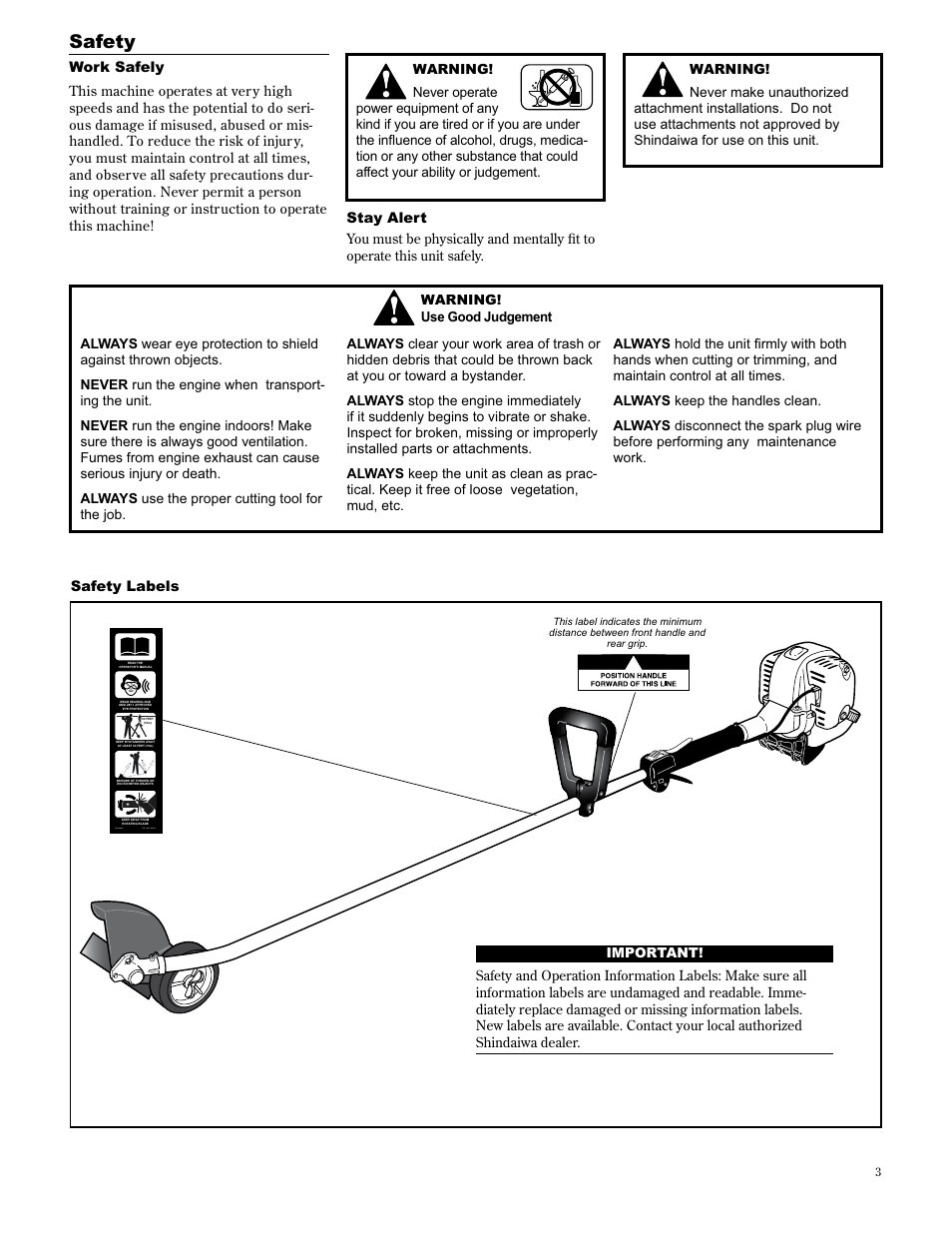 Safety, Safety labels, Shindaiwa | Work safely, Stay alert | Shindaiwa 89307 User Manual | Page 3 / 60