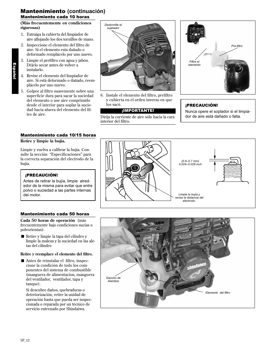 Mantenimiento (continuación) | Shindaiwa 89307 User Manual | Page 32 / 60