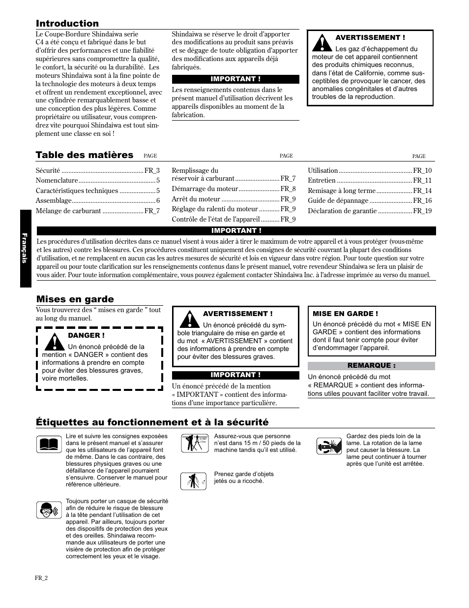 Introduction, Mises en garde | Shindaiwa 89307 User Manual | Page 42 / 60