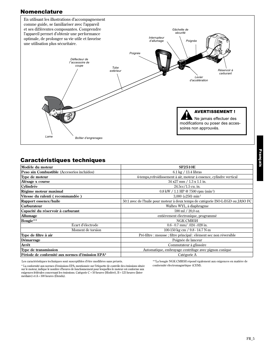 Nomenclature, Caractéristiques techniques | Shindaiwa 89307 User Manual | Page 45 / 60