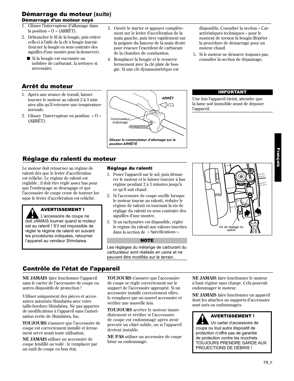 Contrôle de l’état de l’appareil, Arrêt du moteur réglage du ralenti du moteur, Démarrage du moteur (suite) | Shindaiwa 89307 User Manual | Page 49 / 60