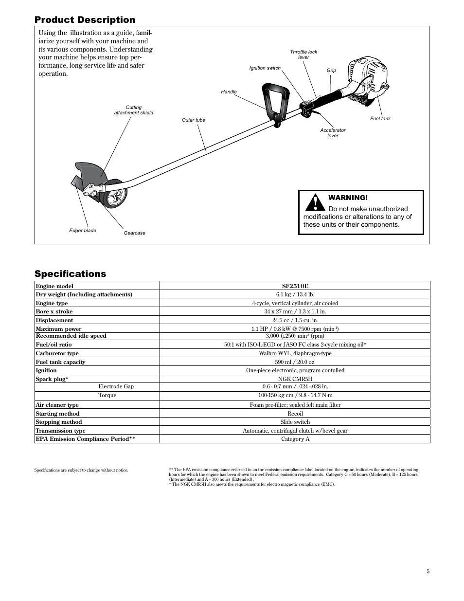 Product description, 6shflàfdwlrqv | Shindaiwa 89307 User Manual | Page 5 / 60