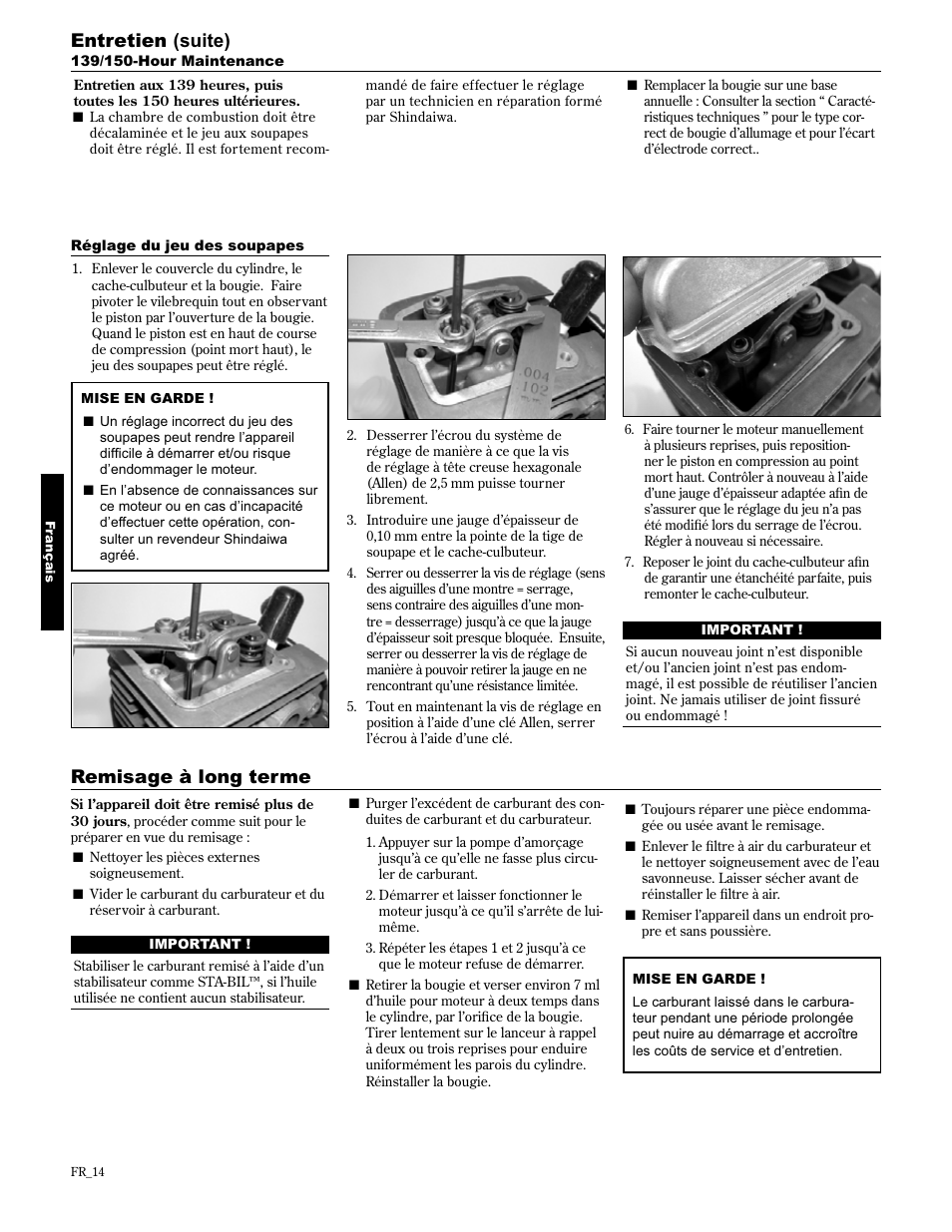 Entretien (suite), Remisage à long terme | Shindaiwa 89307 User Manual | Page 54 / 60