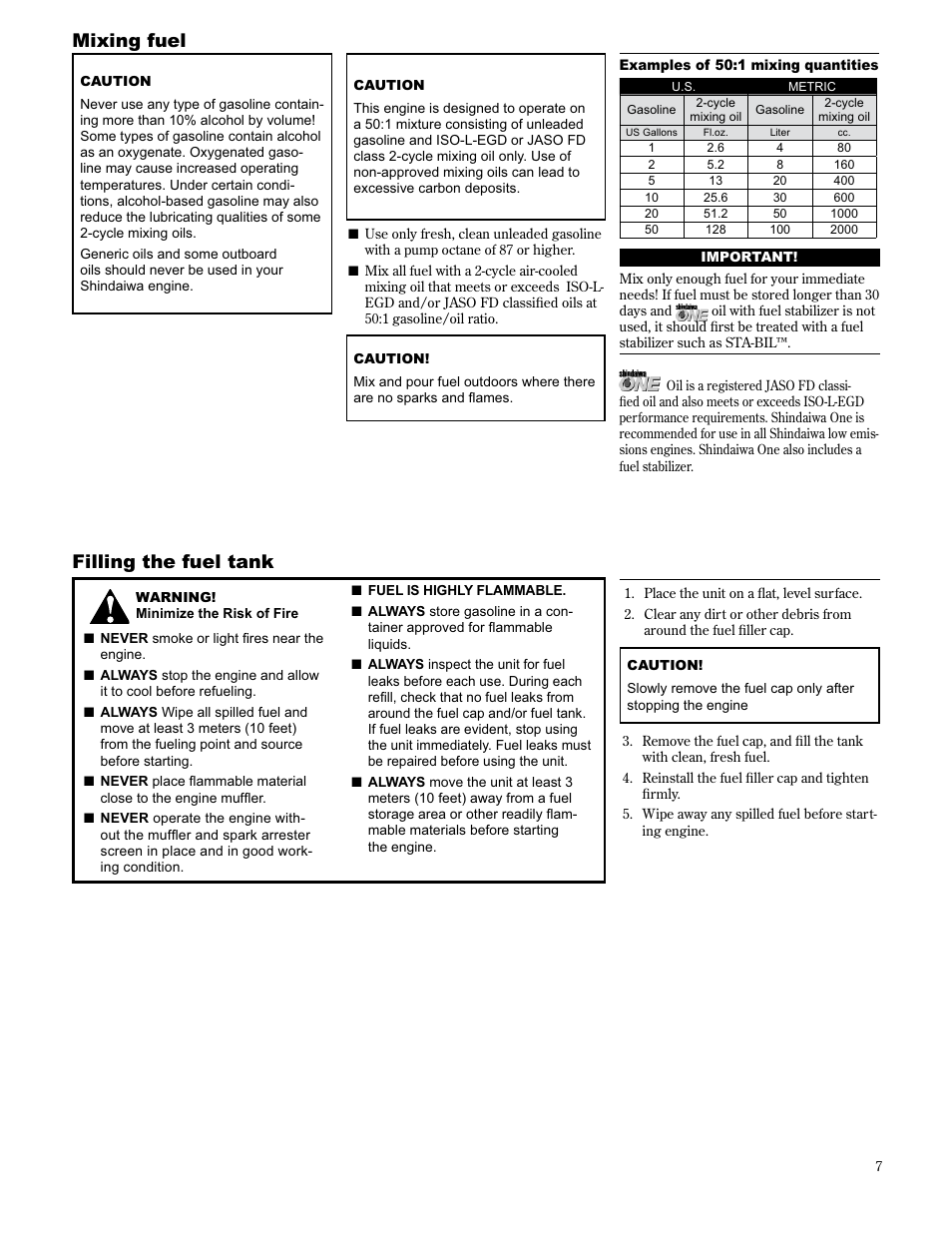 Mixing fuel filling the fuel tank | Shindaiwa 89307 User Manual | Page 7 / 60