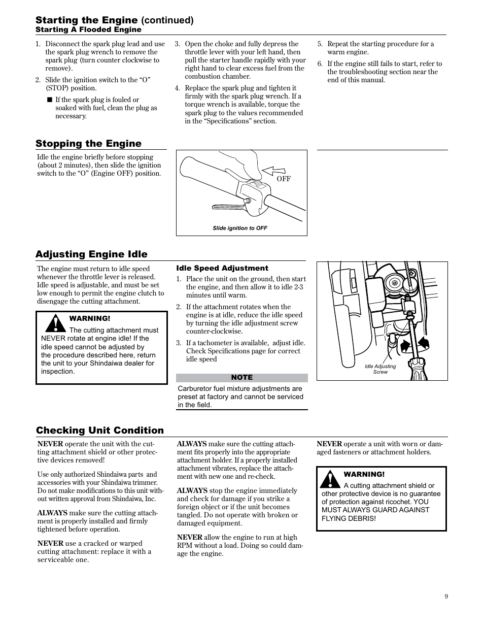 Checking unit condition, Stopping the engine adjusting engine idle, Starting the engine (continued) | Shindaiwa 89307 User Manual | Page 9 / 60