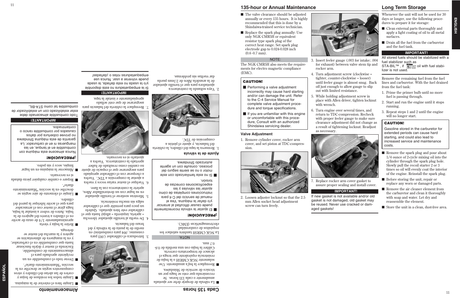 Long term storage, Hour or annual maintenance, Almacenamiento | Cada 135 horas | Shindaiwa 80845 User Manual | Page 11 / 16