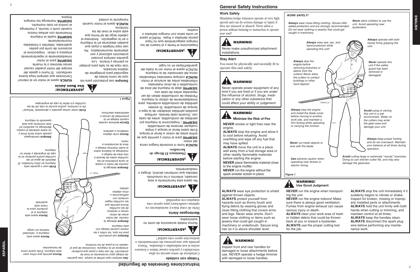 General safety instructions, Instrucciones generales de seguridad | Shindaiwa 80845 User Manual | Page 3 / 16