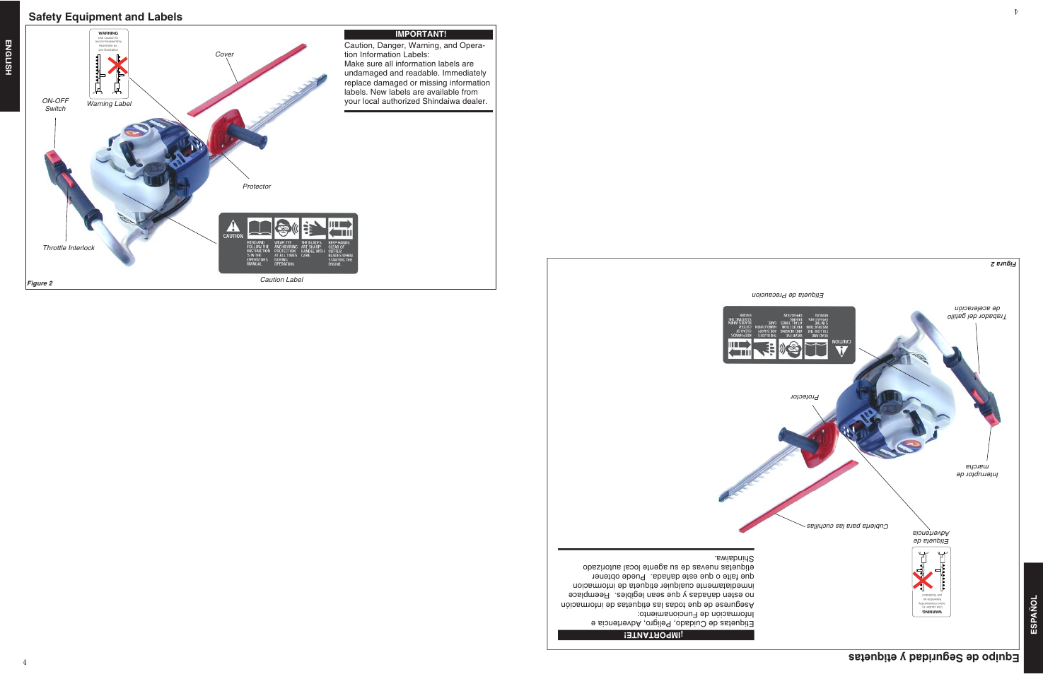 Safety equipment and labels, Equipo de seguridad y etiquetas | Shindaiwa 80845 User Manual | Page 4 / 16