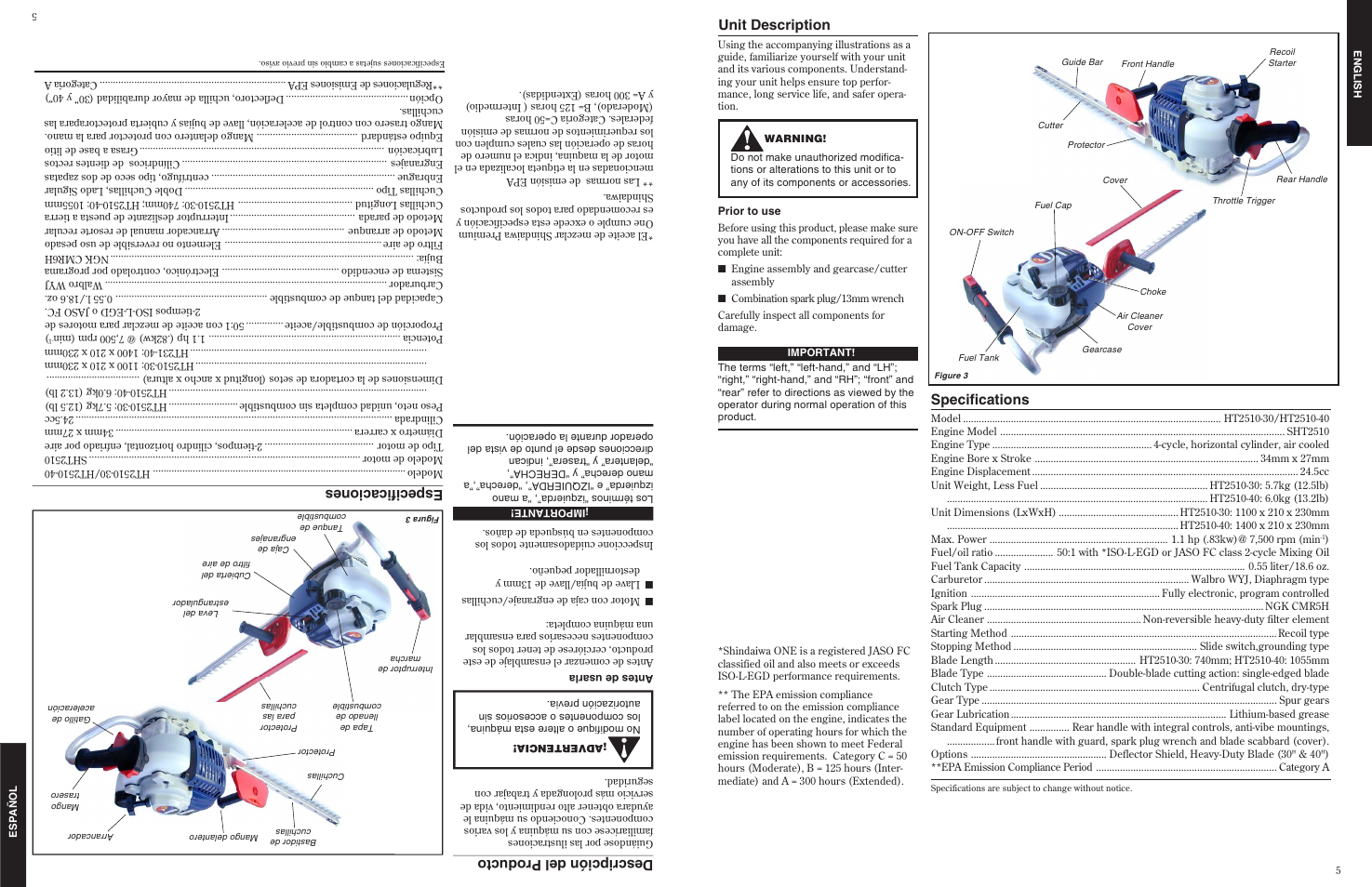Unit description, Specifications, Descripción del producto | Especificaciones | Shindaiwa 80845 User Manual | Page 5 / 16