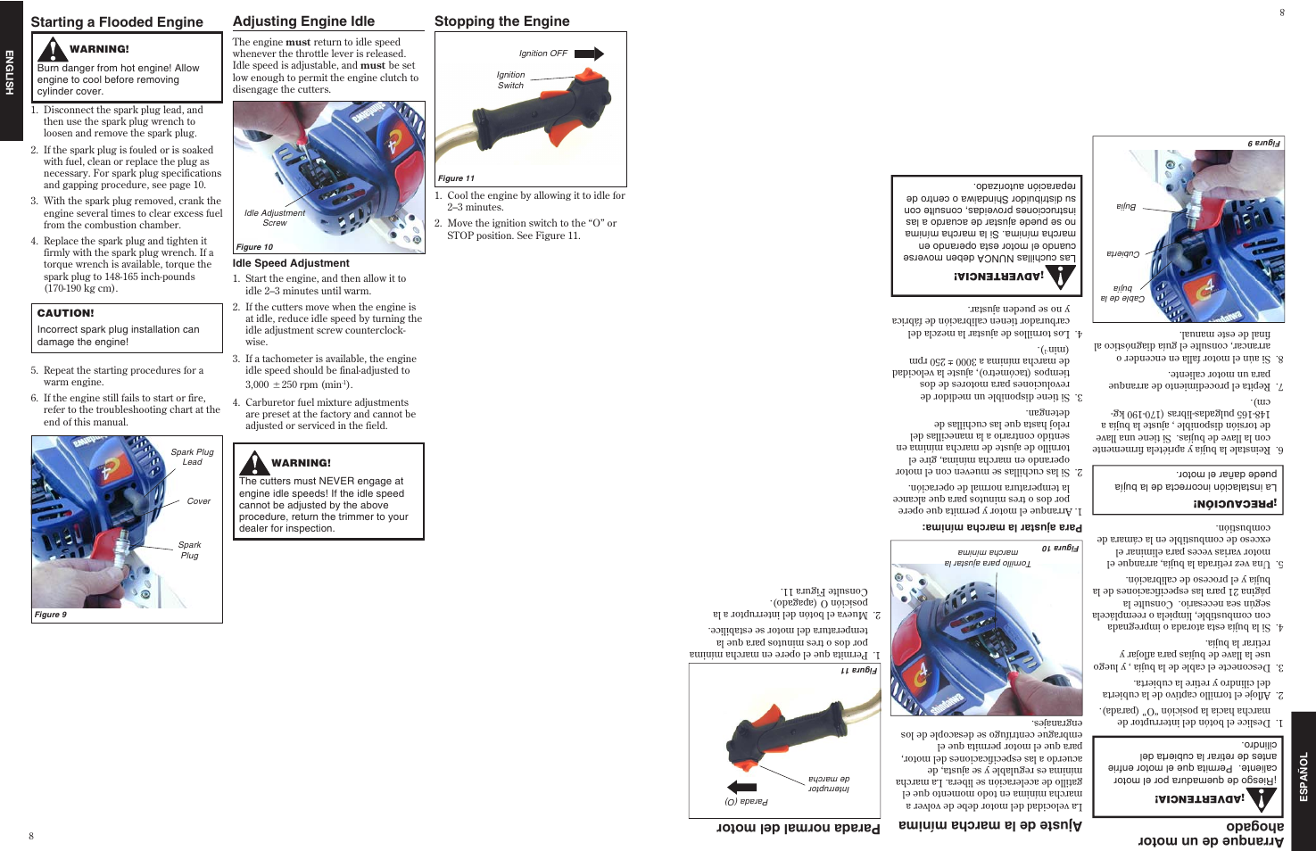 Adjusting engine idle stopping the engine, Starting a flooded engine, Ajuste de la marcha mínima parada normal del motor | Arranque de un motor ahogado | Shindaiwa 80845 User Manual | Page 8 / 16