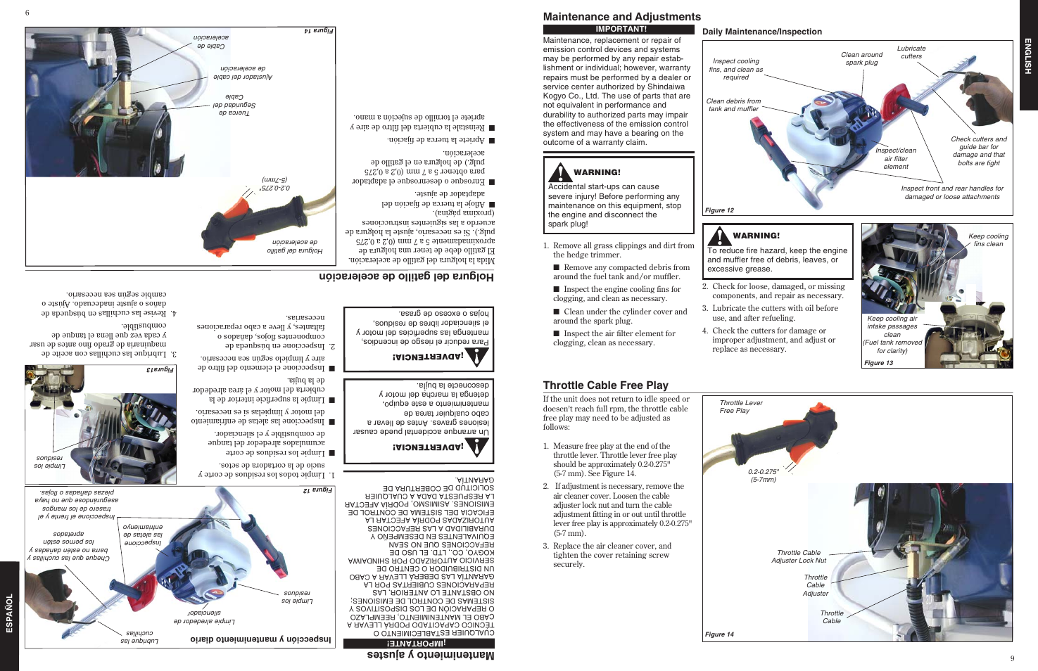 Maintenance and adjustments, Throttle cable free play, Mantenimiento y ajustes | Holgura del gatillo de aceleración | Shindaiwa 80845 User Manual | Page 9 / 16