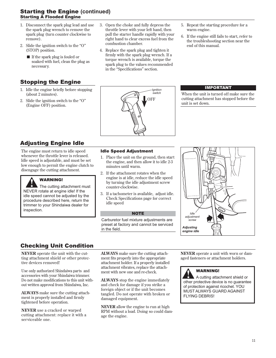 Checking unit condition, Stopping the engine adjusting engine idle, Starting the engine (continued) | Shindaiwa 89302 User Manual | Page 11 / 72