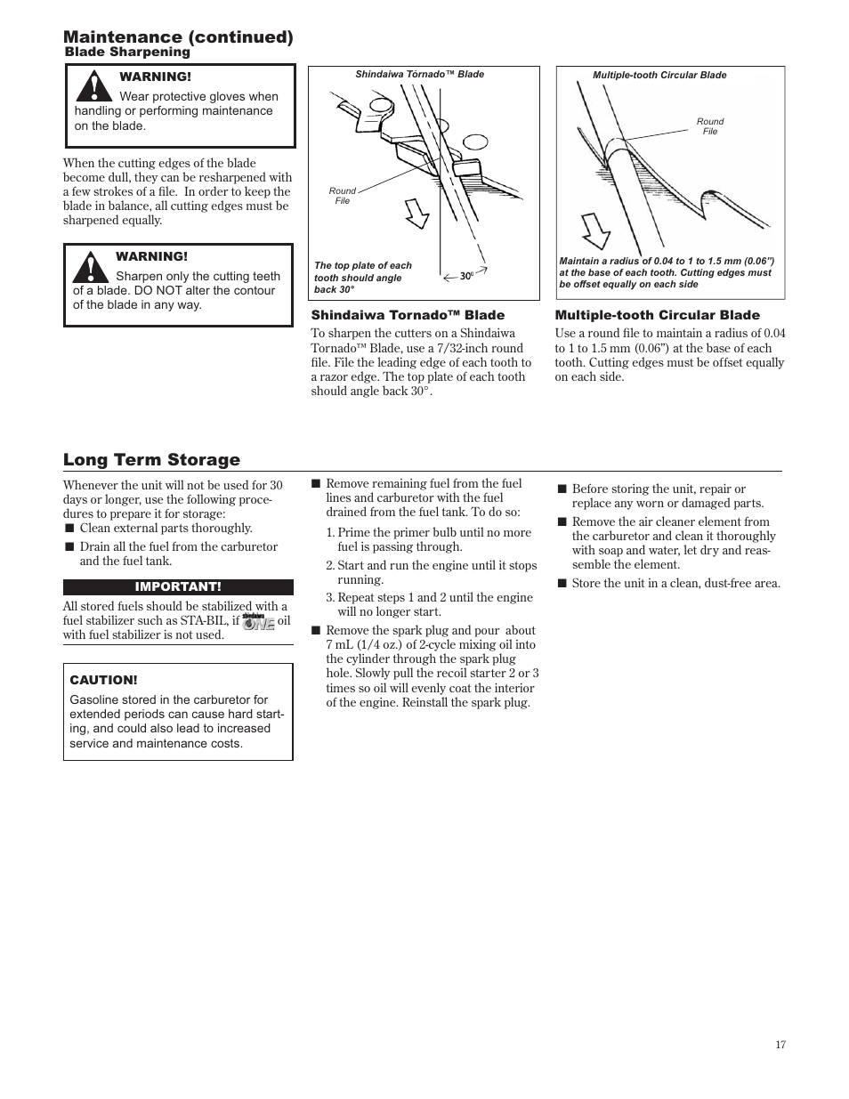 Long term storage, Maintenance (continued) | Shindaiwa 89302 User Manual | Page 17 / 72