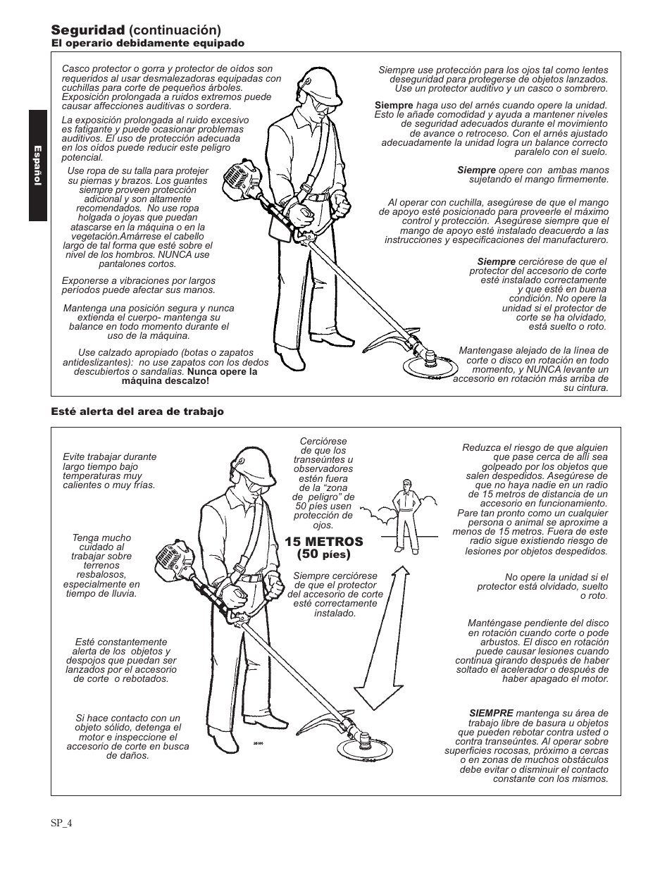 Seguridad (continuación), 15 metros (50 | Shindaiwa 89302 User Manual | Page 28 / 72