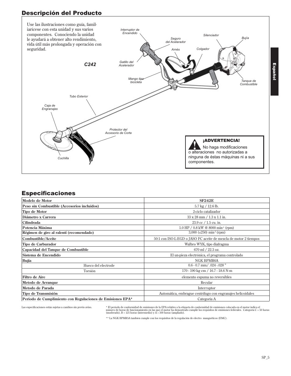 Descripción del producto, Vshflàfdflrqhv, C242 | Shindaiwa 89302 User Manual | Page 29 / 72