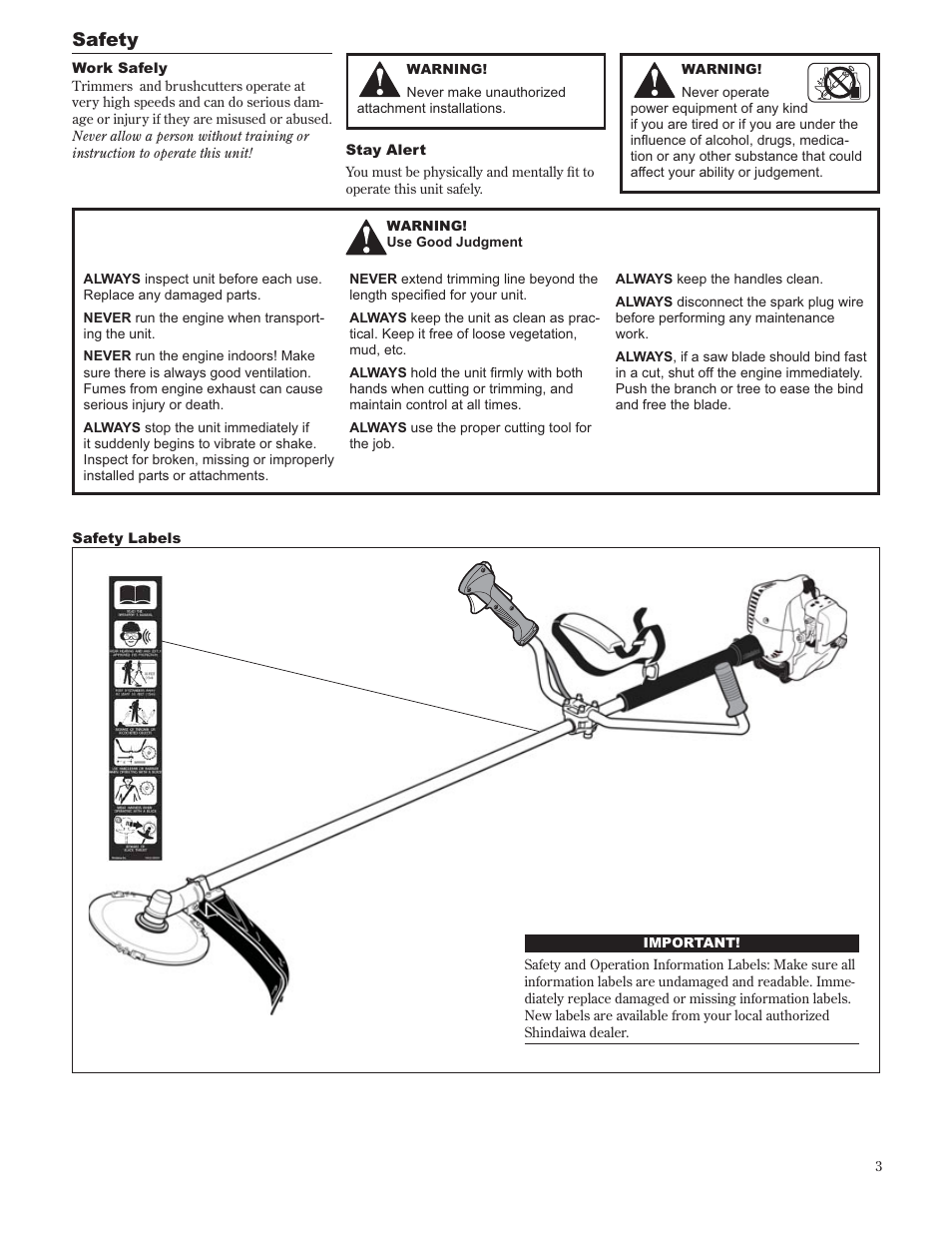 Safety | Shindaiwa 89302 User Manual | Page 3 / 72