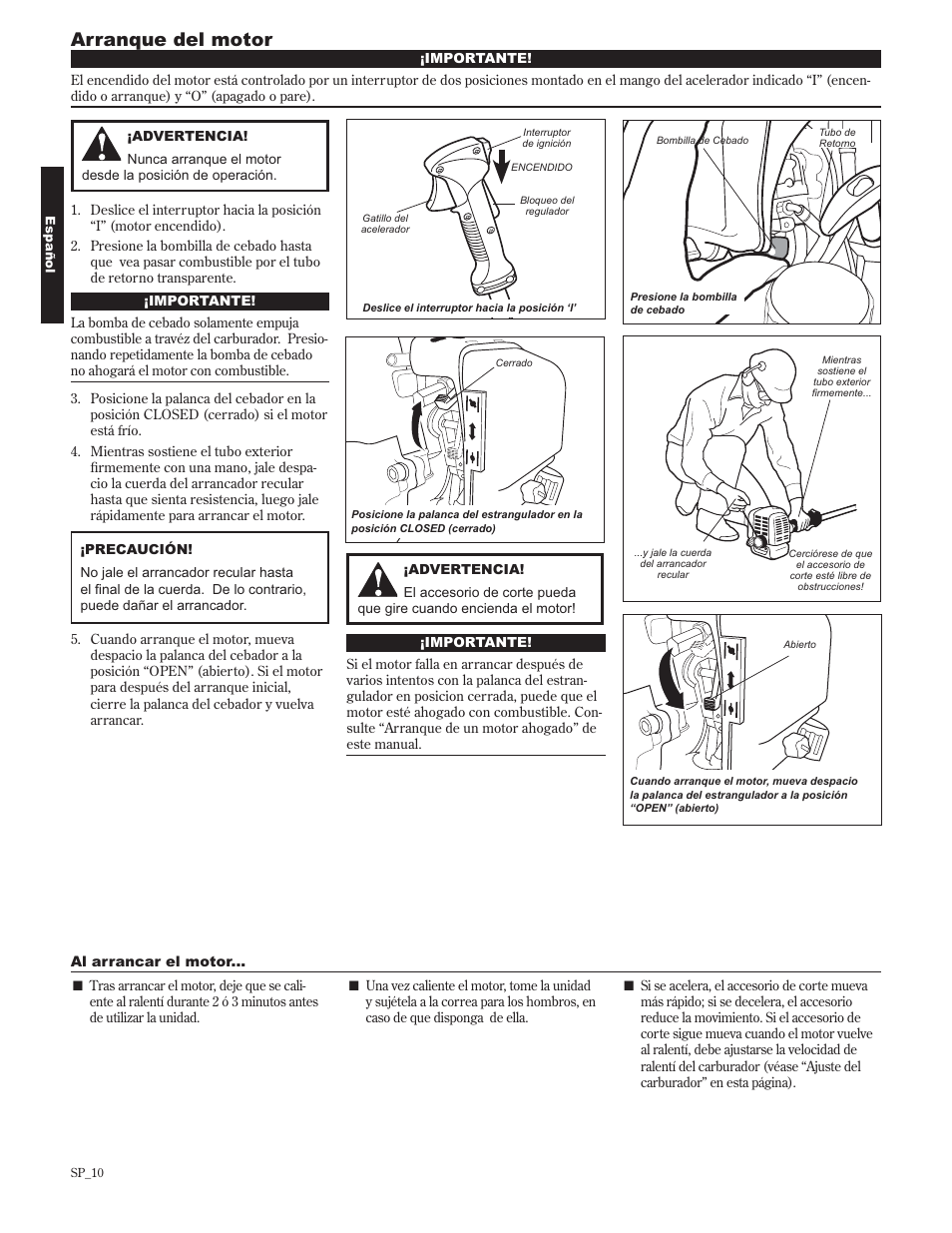 Arranque del motor | Shindaiwa 89302 User Manual | Page 34 / 72